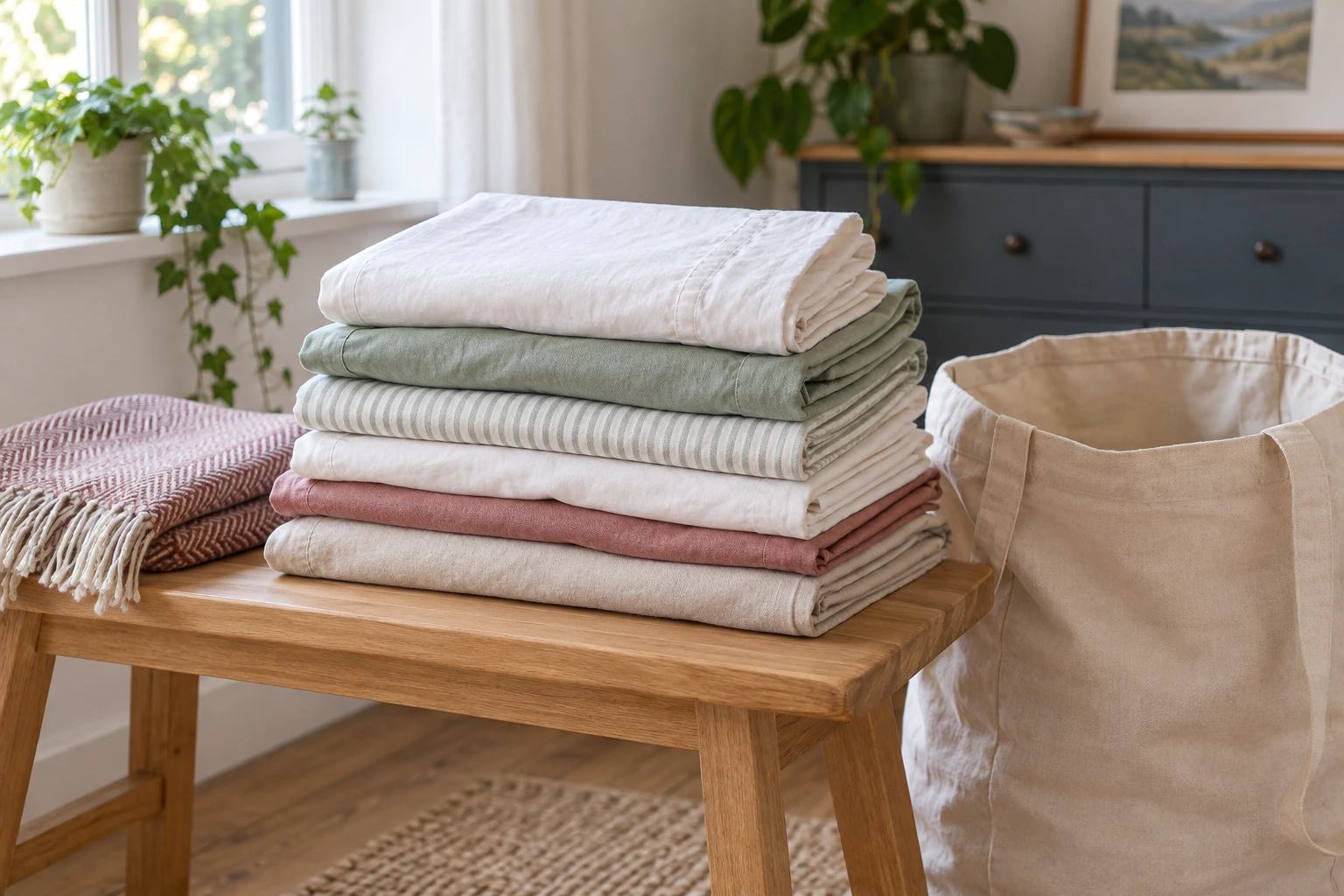 Clean folded bed linen and an unfilled throw beside a donation bag.